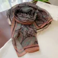 Vintage bohemian paisley floral print georgette scarf in earth tones and teal accents - Green & Coffee Paisley / 160cm