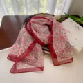 Elegant floral printed long georgette scarf with red borders for sun protection. - Pink Floral Branch / 160cm