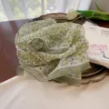 Elegant light green floral print georgette scarf shown on vintage tray with tulip - Willow Green Floral / 160cm