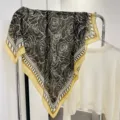 Close-up of square cotton-linen scarf featuring an elegant black and white rose pattern - Elegant Rose - Khaki Border / 90*90cm