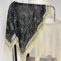 Macro detail of 90cm square scarf featuring an elegant black and white rose floral print - Chic Circle-Black / 90*90cm