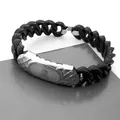 Men's black link stainless steel bracelet featuring a skull engraved silver plate. - Skull