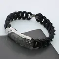 Black silicone link bracelet with silver titanium steel heartbeat engraved plate - Heart Beat