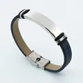 Custom vintage blue leather bracelet with engravable stainless steel plate. - Blue