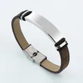 Vintage brown leather and polished stainless steel DIY engravable bracelet for men - Brown