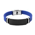 Simple blue silicone wristband featuring a black engravable stainless steel ID plate detail. - Blue