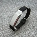Adjustable black silicone wristband with polished silver stainless steel plate for men and women - Black