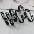 Collection of creative titanium steel and leather bracelets with various engraved designs. - Multi-Pattern Combination Style (1) / Black