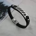 Black leather bracelet for men and women featuring silver titanium steel Greek key pattern - Hollow Greek Key Style (4)