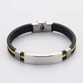 Stainless steel black silicone couple bracelet with bright yellow line and metal plate - Yellow