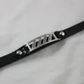 Stylish punk black leather bracelet featuring a silver geometric pattern metal plate detail - Geometric Meander Style (6)