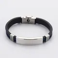Stainless steel silicone bracelet with blank engraved plate and blue cord for men women. - Blue