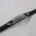 Black leather bracelet with silver Greek key patterned titanium steel plate for men women - Classic Meander Style (8)