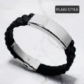 Men's black silicone bracelet with a blank silver stainless steel plate for engraving - Without Pattern