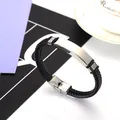 Classic braided black leather bracelet with an engravable stainless steel ID plate for men - Silver ID Plate Woven Style