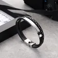 Retro handgefertigtes geflochtenes schwarzes Lederarmband mit gravierbarer Edelstahlplatte. - Silberne Metallplattenart (1号)
