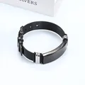 Black stainless steel mesh strap bracelet with silver accents and engravable plaque - Black