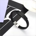 Trendy black braided leather rope bracelet with a matte metal bar for custom engraving - Black Matte ID Plate Woven Style
