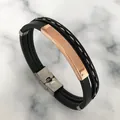 Minimalistisches Armband aus geflochtenem schwarzem Leder mit Roségold für Paare - Roségoldene Metallplattenart (4号)