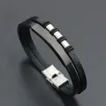 Braided black leather bracelet for men with stainless steel decorative accents - Black