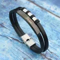 Men's stylish black leather bracelet with stainless steel 'Love' engraving and folding clasp - Engraved "LOVE" Style / Black