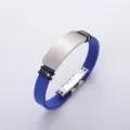 Adjustable blue silicone and stainless steel bracelet with an engravable ID plate - Blue