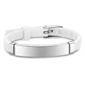 Adjustable white silicone bracelet for kids featuring a blank silver metal ID plate for engraving - White