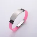 Adjustable pink silicone and stainless steel sports bracelet with engravable blank plate - Pink