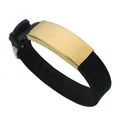 Black silicone bracelet with gold stainless steel metal ID plate for custom DIY engraving. - Gold