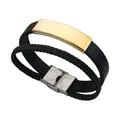 Double layer mens braided leather bracelet with engravable gold stainless steel plate - Gold