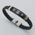 Retro black braided leather bracelet with stainless steel anchor charm and magnetic clasp - Pirate Ship (Anchor)
