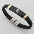 Handmade braided leather bracelet with vintage black titanium steel skull plate decoration - Skull