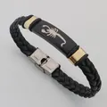 Vintage handmade braided leather bracelet with golden scorpion emblem and steel clasp - Scorpio