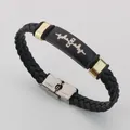 Handmade black braided leather bracelet with stainless steel heartbeat EKG metal plate - Telepathy (Heartbeat)