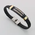 Retro braided black leather bracelet featuring a Greek key design in gold and black steel - Great Wall (Meander Pattern)