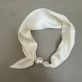 Elegant cream white silk scarf with large pearl ornament fashion necktie for women - White / 47cm