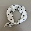 Elegant white silk scarf for women featuring black polka dots and a large pearl accent - White Polka Dot / 47cm
