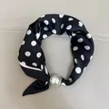 Elegant black polka dot silk neckerchief with decorative pearl ring slider buckle - Black Polka Dot / 47cm