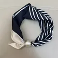 Elegant black and white striped fashion silk scarf with a large decorative pearl bead ring - Black Stripe / 47cm