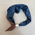 Silk neck scarf with navy blue horse print and pearl ring accessory - Old Money Pony / 47cm