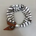 Striped silk neck scarf with large pearl embellishment, elegant fashion accessory. - OM Beige / 47cm