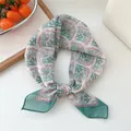 Vintage floral silk-like square scarf in green and pink, elegant neck tie for women. - Green Floral Pattern