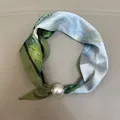 Elegant green floral silk scarf with large pearl buckle for women's neckwear - Green Oil Painting / 47cm