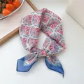 Retro pink floral print small square silk scarf used as a hair band or neckerchief accessory - Blue