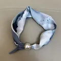Blue watercolor silk-like scarf necktie with faux pearl accent for women - Memories of Jiangnan / 47cm