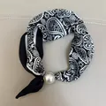 Black and white paisley print silk neck scarf featuring a large elegant pearl slider - Black Paisley / 47cm