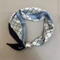 Elegant silk scarf with geometric diamond pattern and large decorative pearl slide for women - Rhombus / 47cm