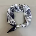 Elegant floral print silk neck scarf with white pearl bead buckle for women fashion. - Blue Flowers / 47cm