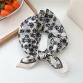 Elegant vintage black rose floral print square scarf in cream for neck and hair styling - White Sketch Floral