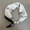 Elegant white silk square scarf with horse print and large pearl buckle accessory. - White Horse Head / 47cm